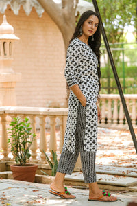White & Black Block Butti Print Suit Set