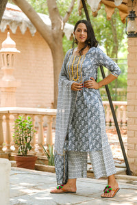 Grey Block Print Gota Work Suit Set