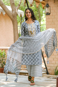 Grey Block Print Gota Work Suit Set