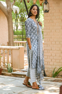 Grey Block Print Gota Work Suit Set