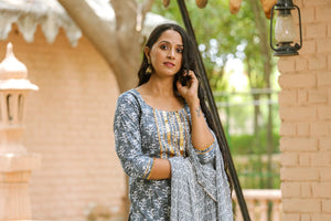 Grey Block Print Gota Work Suit Set