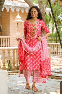 Coral Block Print Gota Work Suit Set