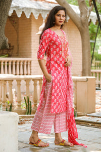 Coral Block Print Gota Work Suit Set