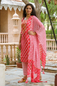 Coral Block Print Gota Work Suit Set