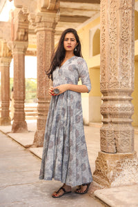 Grey Dabu Print Collar Dress