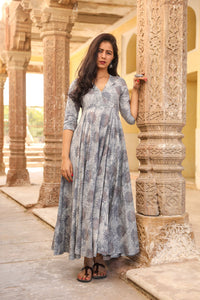 Grey Dabu Print Collar Dress