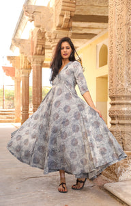 Grey Dabu Print Collar Dress