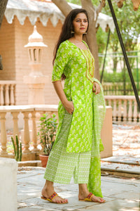 Green Block Print Gota Work Suit Set