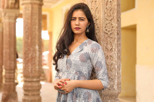 Grey Dabu Print Collar Dress