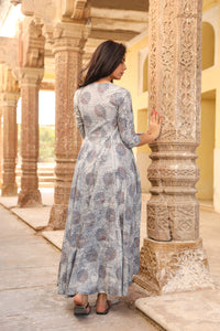 Grey Dabu Print Collar Dress