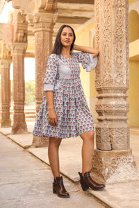 Grey Block Butti Print Short Dress