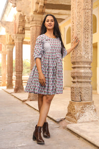 Grey Block Butti Print Short Dress