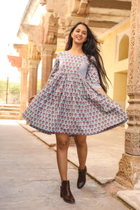 Grey Block Butti Print Short Dress