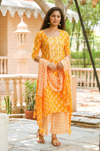 Orange Block Print Gota Work Suit Set