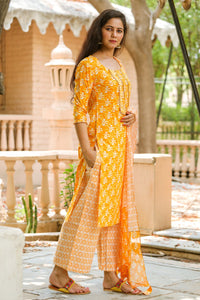 Orange Block Print Gota Work Suit Set