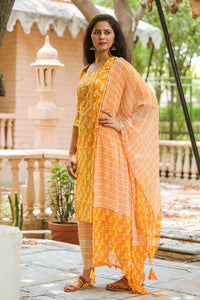 Orange Block Print Gota Work Suit Set