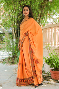 Dust Orange Butterfly Block Print Mul Cotton Saree with Blouse Piece