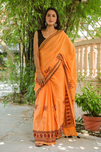 Dust Orange Butterfly Block Print Mul Cotton Saree with Blouse Piece