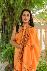 Dust Orange Butterfly Block Print Mul Cotton Saree with Blouse Piece