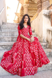 Red Dual Ajrakh Print Kalidar Dress