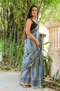 Tint Grey Hand Block Butta Print Mul Cotton Saree with Blouse Piece