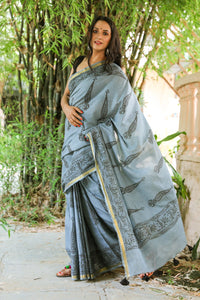 Tint Grey Hand Block Butta Print Mul Cotton Saree with Blouse Piece