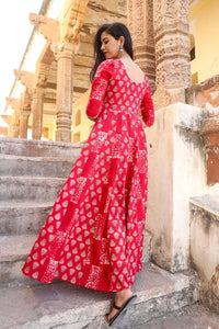 Red Dual Ajrakh Print Kalidar Dress