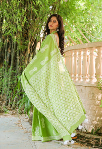 Mint Green Hand Block Print Mul Saree with Blouse Piece