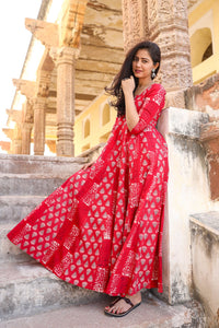 Red Dual Ajrakh Print Kalidar Dress