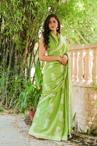Mint Green Hand Block Print Mul Saree with Blouse Piece