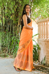 Orange Leaf Block Border Print Mul Saree with Blouse Piece