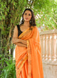 Orange Leaf Block Border Print Mul Saree with Blouse Piece
