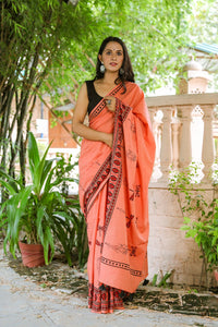 Orange Dragon Hand Block Print Mul Saree with Blouse Piece