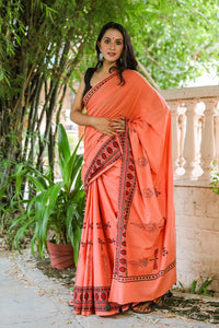 Orange Dragon Hand Block Print Mul Saree with Blouse Piece