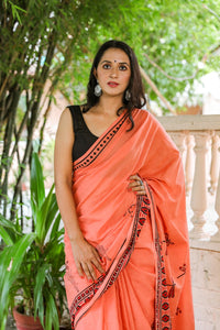 Orange Dragon Hand Block Print Mul Saree with Blouse Piece