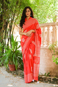 Red Hand Block Butta Print Mul Saree with Blouse Piece