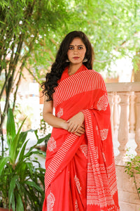 Red Hand Block Butta Print Mul Saree with Blouse Piece