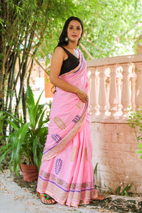 Baby Pink Hand Block Print Mul Saree with Blouse Piece