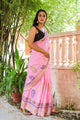 Baby Pink Hand Block Print Mul Saree with Blouse Piece
