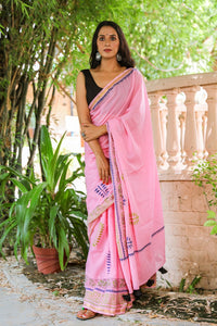 Baby Pink Hand Block Print Mul Saree with Blouse Piece
