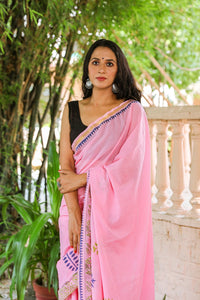 Baby Pink Hand Block Print Mul Saree with Blouse Piece