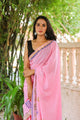 Baby Pink Hand Block Print Mul Saree with Blouse Piece