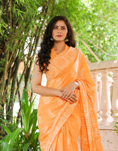 Tint Orange Hand Block Butta Print Mul Saree with Blouse Piece