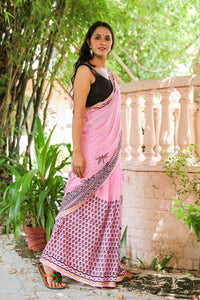 Baby Pink Hand Block Butti Print Mul Saree with Blouse Piece