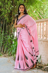 Baby Pink Pasely Block Butta Print Mul Saree with Blouse Piece