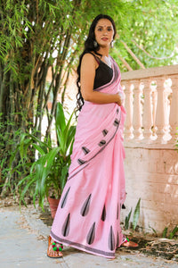 Baby Pink Pasely Block Butta Print Mul Saree with Blouse Piece