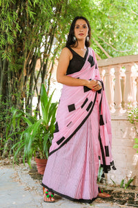 Baby Pink Half Half Hand Block Print Mul Saree with Blouse Piece