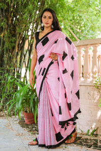 Baby Pink Half Half Hand Block Print Mul Saree with Blouse Piece