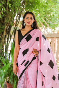 Baby Pink Half Half Hand Block Print Mul Saree with Blouse Piece