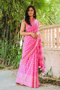 Pink Hand block Butti Print Mul Saree with Blouse Piece